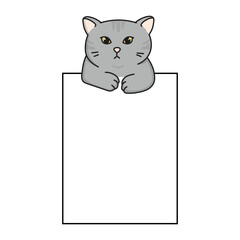 Cute cartoon cat peeking out from a blank sign. Adorable kitten illustration perfect for stickers, greeting cards, planners, and scrapbooking. Vector style, isolated on white background
