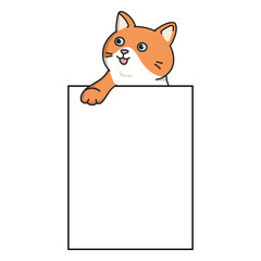 Cute cartoon cat peeking out from a blank sign. Adorable kitten illustration perfect for stickers, greeting cards, planners, and scrapbooking. Vector style, isolated on white background