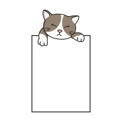 Cute cartoon cat peeking out from a blank sign. Adorable kitten illustration perfect for stickers, greeting cards, planners, and scrapbooking. Vector style, isolated on white background