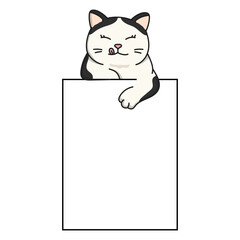 Cute cartoon cat peeking out from a blank sign. Adorable kitten illustration perfect for stickers, greeting cards, planners, and scrapbooking. Vector style, isolated on white background