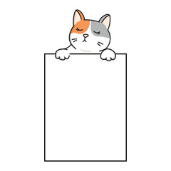 Cute cartoon cat peeking out from a blank sign. Adorable kitten illustration perfect for stickers, greeting cards, planners, and scrapbooking. Vector style, isolated on white background