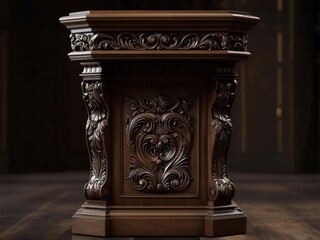 Ornate, dark wooden pedestal with intricate carvings, showcasing detailed craftsmanship.