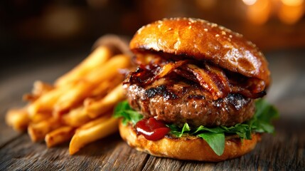 A mouthwatering image of a bacon cheeseburger piled high with lettuce and a side of crispy golden fries, perfect for any food lover's delight and enjoyment.