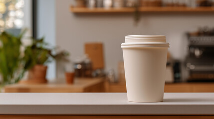 Obraz premium Disposable paper coffee cup with lid placed on a cafe counter, shallow depth of field highlighting the cup with blurred background featuring warm interior tones and soft morning light.