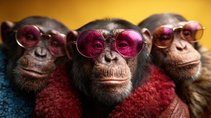 Three playful monkeys dressed in vibrant clothing and stylish pink sunglasses, posing confidently against a bright background, embodying a fun and quirky vibe.