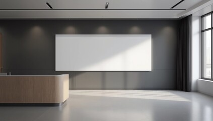 Side view of modern reception with poster