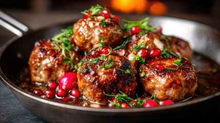 A tantalizing close-up of glazed meatballs, beautifully garnished with fresh cherries and herbs, highlighting culinary creativity and artistic presentation.