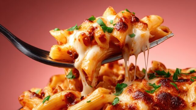 A close-up of cheesy baked pasta, showcasing gooey melted cheese and a golden-brown crust. Perfect for food lovers and culinary enthusiasts alike.