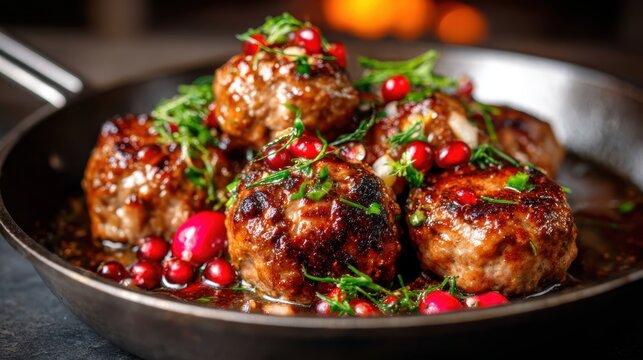 A tantalizing close-up of glazed meatballs, beautifully garnished with fresh cherries and herbs, highlighting culinary creativity and artistic presentation.