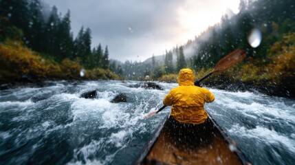 A lone adventurer in a yellow raincoat navigates turbulent water rapids, showcasing the thrill and beauty of outdoor adventure amid stormy weather and natural splendor.