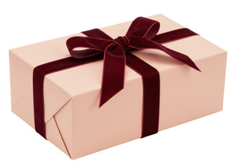 Isolated beige gift box with burgundy ribbon and bow for Valentine's or Christmas day