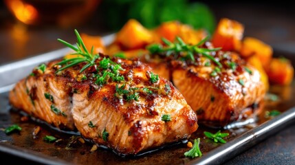 These tender, grilled salmon fillets are beautifully seasoned with herbs, served alongside roasted vegetables, creating a dish that epitomizes healthy and flavorful eating.
