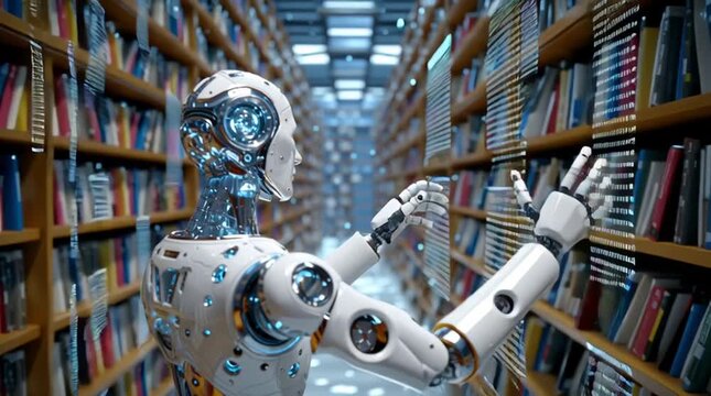 Robot explores a vast library and examines the books during the afternoon hours