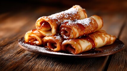 An appetizing stack of rolled pancakes drizzled with syrup and dusted with powdered sugar, evoking comfort food and a sense of warmth and indulgence in breakfast.