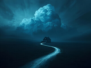 Fototapeta premium Surreal Night Scene with Isolated Wooden House, Giant Blue Clouds, and Neon Light Paths Winding Towards the Building