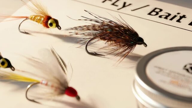 Assortment of artificial fly fishing lures and bait in clear jar on white paper, fishing hobby concept, fly fishing footage.