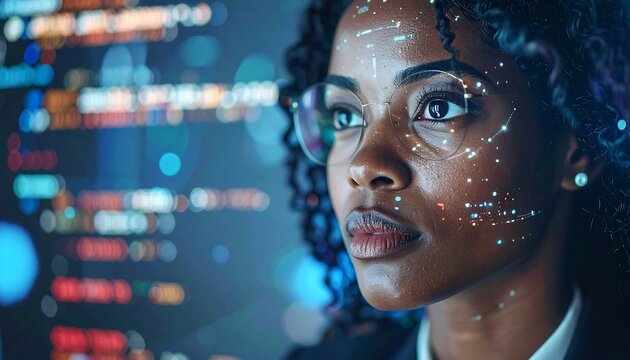 A close-up shows an observing Black woman wearing glasses, overlaid with digital points, with a blurry background of data - Powered by Adobe
