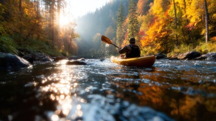 A solitary kayaker paddles gracefully down a serene river surrounded by vibrant autumn foliage, capturing the beauty and tranquility of nature during the fall season.