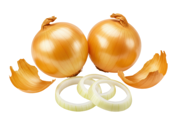 Isolated two golden onions, rings, and skin pieces for food photography projects, recipe ideas