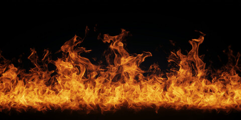 A horizontal banner of bright orange flames licking upwards against a stark black background, creating a sense of intense heat and energy