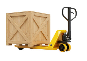 Isolated hand pallet truck carrying wooden crate, warehouse equipment for cargo handling © Sophie