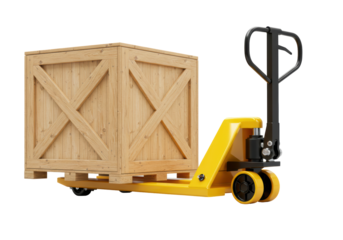 Isolated hand pallet truck carrying wooden crate, warehouse equipment for cargo handling