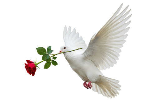 Isolated dove in flight carrying a rose in its beak, bird of peace and love concept