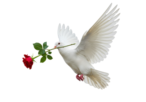 Isolated dove in flight carrying a rose in its beak, bird of peace and love concept