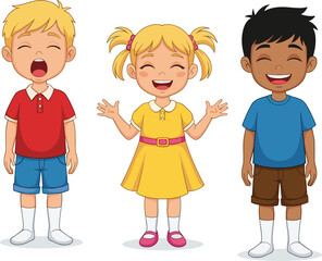 Happy children cartoon illustration with diverse kids laughing and smiling isolated on white background for education and childhood concepts.