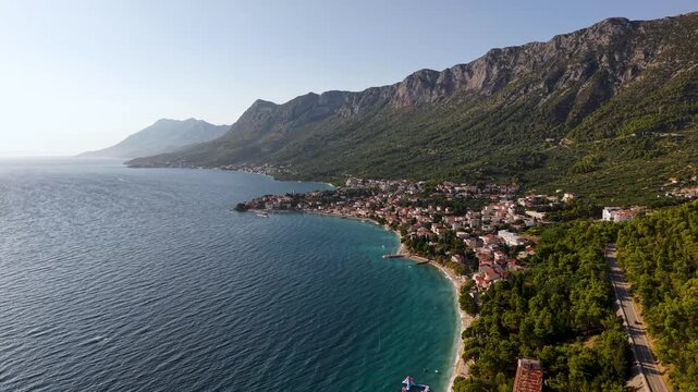 Stunning aerial drone video of Igrane a picturesque coastal village on the scenic Makarska Riviera in Croatia