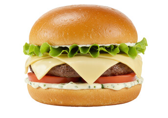 Isolated delicious cheeseburger on fresh bun with lettuce, tomato, and ground meat patty