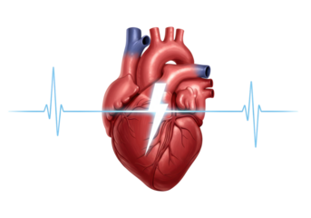 Isolated anatomical heart model with lightning bolt cutting through and heartbeat line art