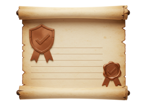 Isolated antique parchment scroll with seals conveying certificate or invitation concept