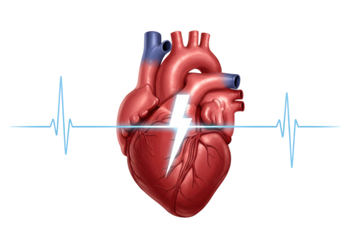 Isolated anatomical heart model with lightning bolt cutting through and heartbeat line art