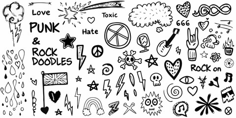 Collection of hand drawn punk rock doodles and symbols including skulls guitars lightning bolts and peace signs