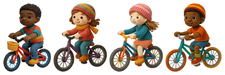 Fototapeta premium PNG Children cycling in colorful attire, element set on transparent background