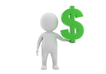 Isolated 3D cartoon man holding a green dollar symbol, financial concept, business themes