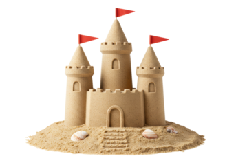 Isolated Sandcastle with Flags on Sand Dune, Perfect Summer Scene for Fun Beach Vacation
