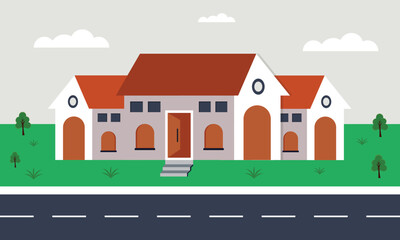 Home with green garden, grass and trees in street. Building without fence. Cottage in town or suburb with roof