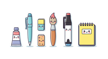 Cute Cartoon Stationery Set with Smiling Faces.