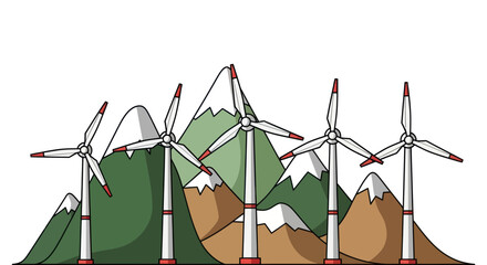 Cartoon Wind Turbines on Mountain Landscape Illustration for Renewable Energy.