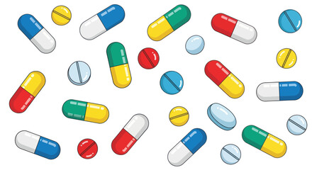 Assorted Colorful Pills and Capsules Scattered on White Background.