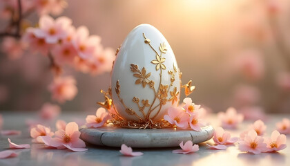 Illustrate a close-up of a stunningly elegant Easter egg made of pearl-white ceramic with golden floral patterns. Surround it with ornate spring-themed carvings like tiny birds, vines, and cherry blos