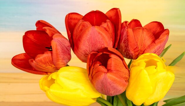 Close-up bouquet of red and yellow tulips