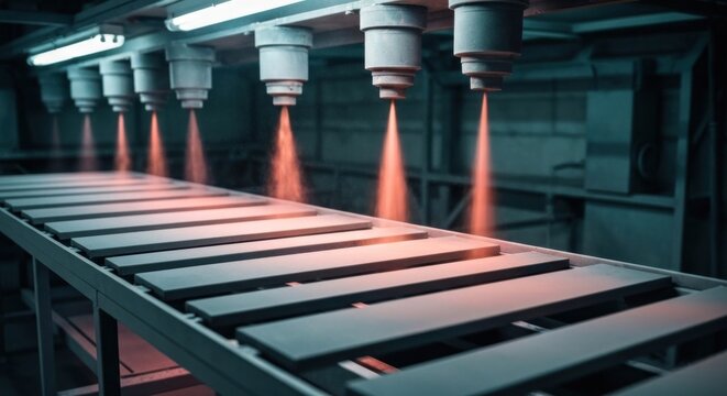 Industrial powder coating line.  Metal planks move along a conveyor belt, receiving a spray of powder coating.  Multiple nozzles disperse the powder.  Factory environment