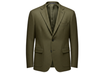 Isolated olive drab wool twill herringbone blazer garment, single-breasted jacket fashion