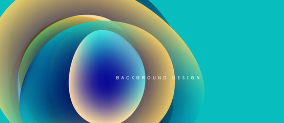 Abstract fluid shapes overlap, creating vibrant color gradients. Turquoise background complements golden, blue hues. Modern design element.
