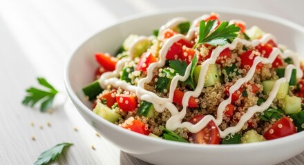 Vibrant Quinoa Salad with Diced Tomatoes, Cucumbers, Fresh Parsley, and Creamy White Dressing Drizzle