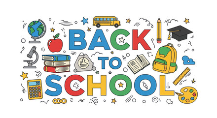 Colorful Back to School Illustration with School Supplies.
