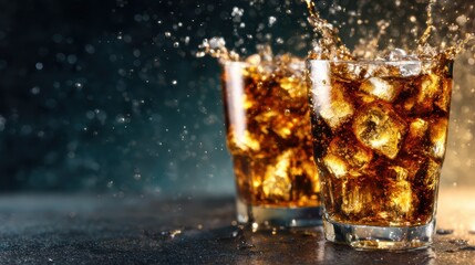 Two glasses of sparkling drinks filled with ice, showcasing refreshing splashes against a deep backdrop, symbolizing celebration and enjoyment in lively social settings.